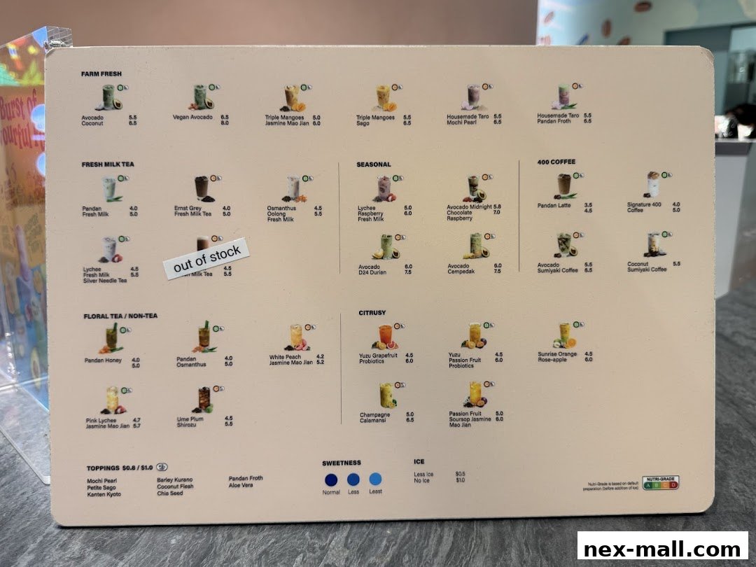 A menu board displaying various drinks categorized into Farm Fresh, Fresh Milk Tea, Seasonal, 400 Coffee, Floral Tea, and Citrusy options.