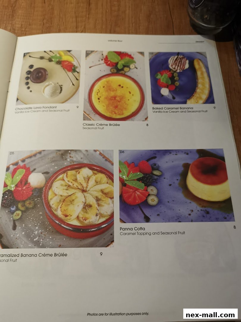 A menu page showcasing four dessert dishes with accompanying images and descriptions.