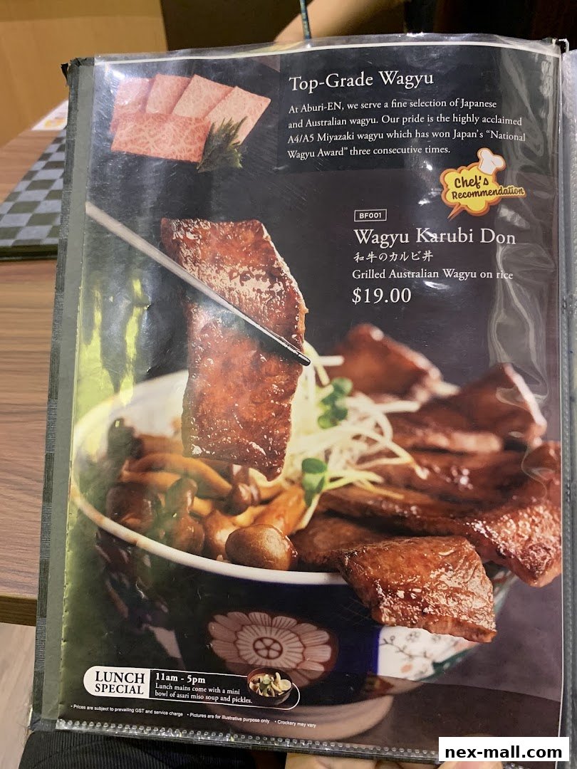 A menu page showcasing a Wagyu Karubi Don dish with grilled Australian wagyu on rice.