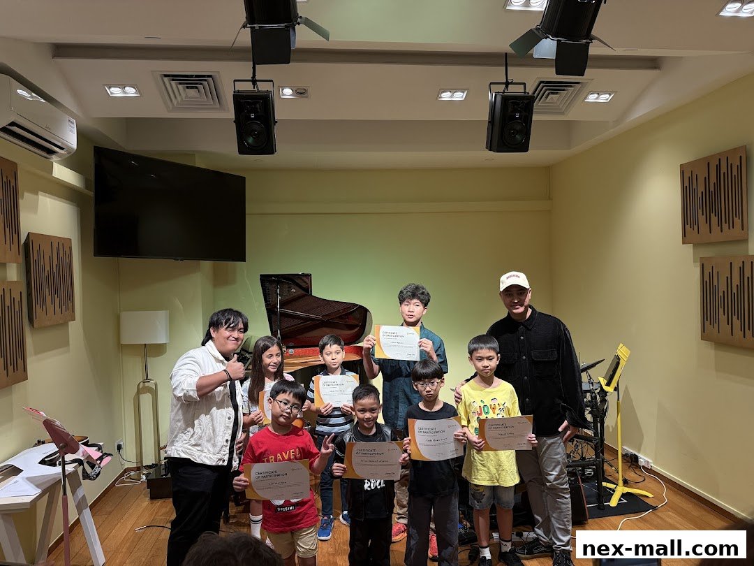 A group of children and an adult pose for a photo with certificates in a music studio.