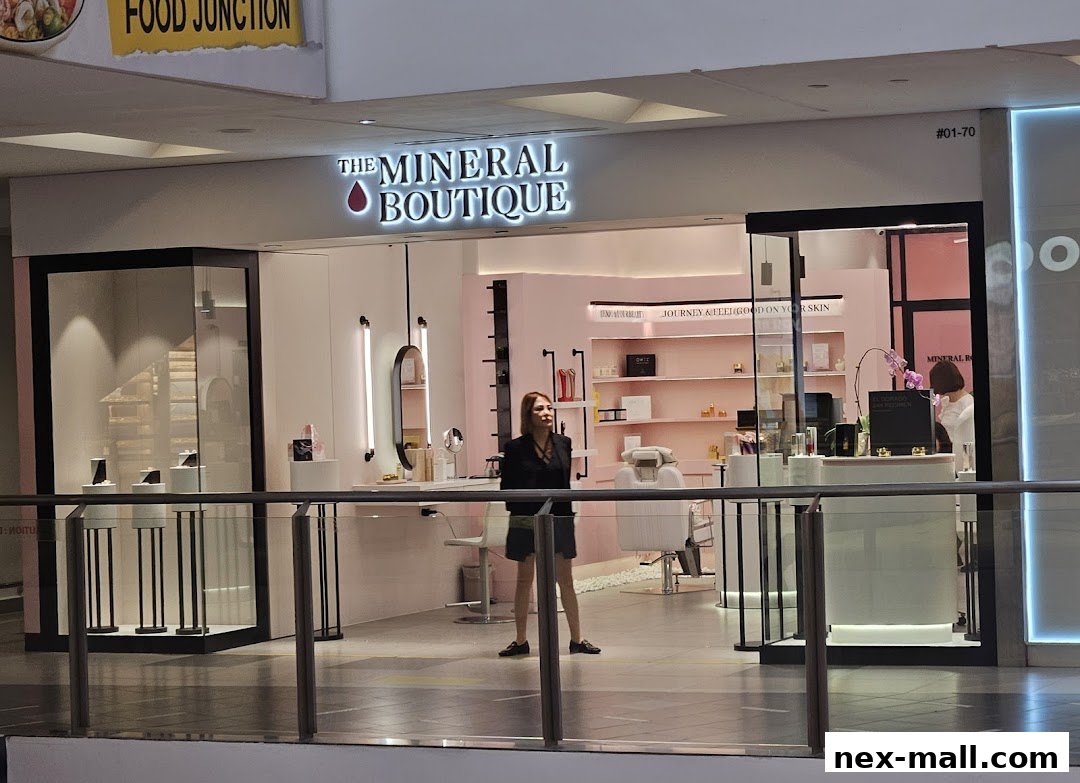 The Mineral Boutique shop front with products displayed and a staff member at the counter.