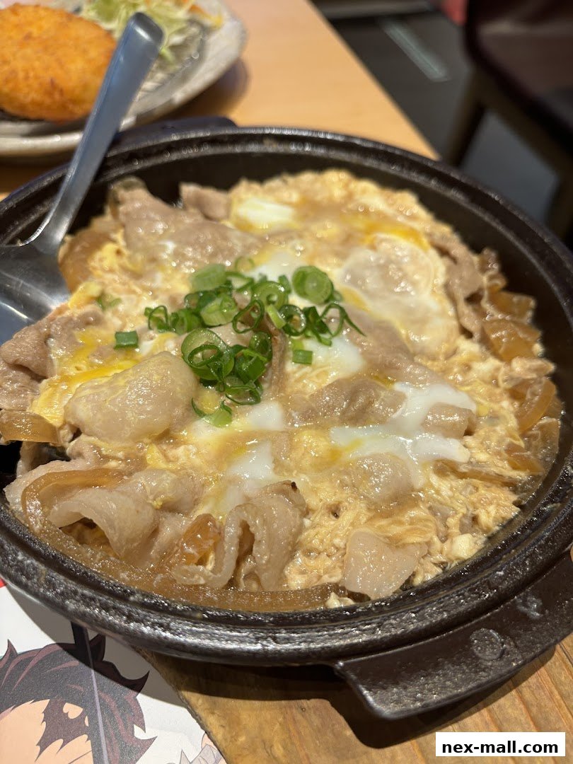 A close-up of a hot pot dish with meat, egg, and green onions, served with a side of fried food.