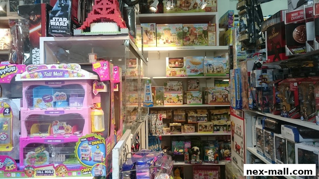 A retail shop interior filled with various toys, including Shopkins, Star Wars merchandise, and action figures.