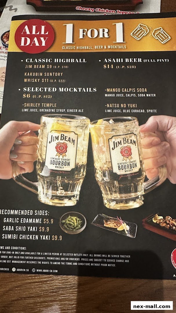 A menu from Aburi-EN Nex featuring a 1-for-1 promotion on drinks and recommended sides.