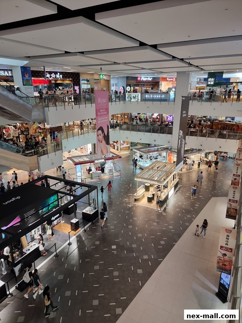 An aerial view of a busy shopping mall with various stores and shoppers.
