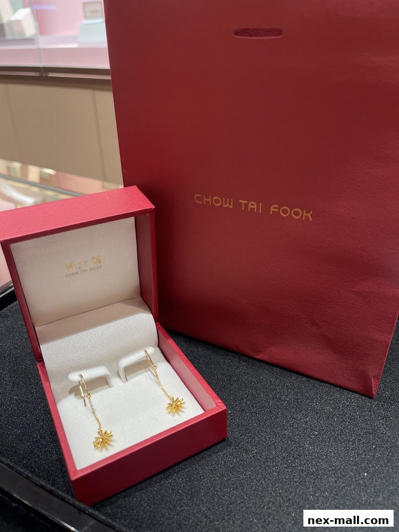 A pair of gold earrings displayed in a red jewelry box next to a red shopping bag.