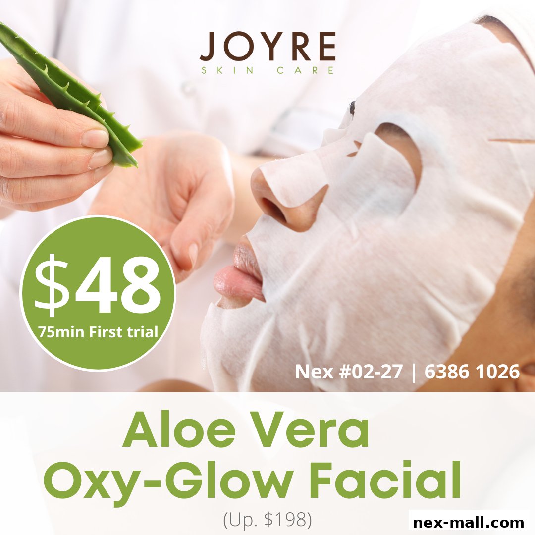A person receiving a facial treatment with an aloe vera leaf and a sheet mask.
