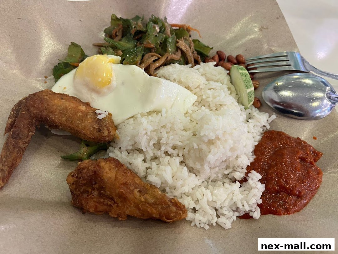 A plate of Nasi Lemak with fried chicken wings, fried egg, peanuts, cucumber, and sambal.
