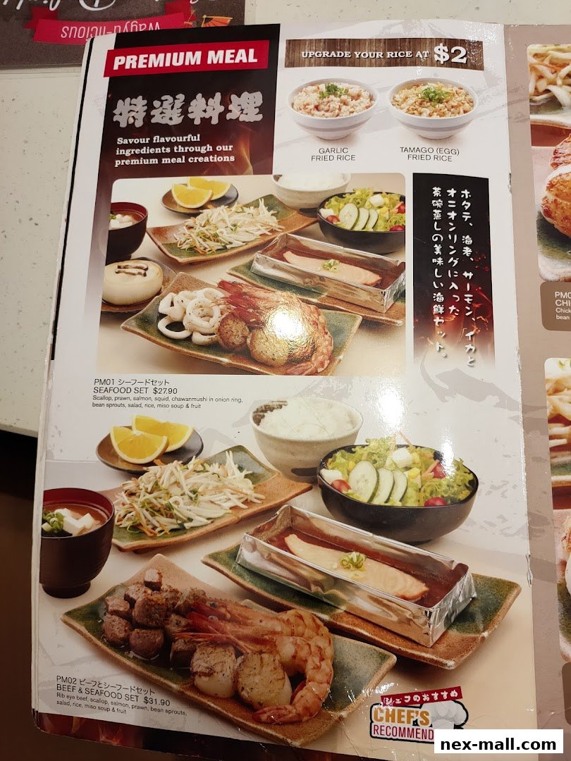 A menu showcasing premium seafood and beef meals with side dishes and rice options.