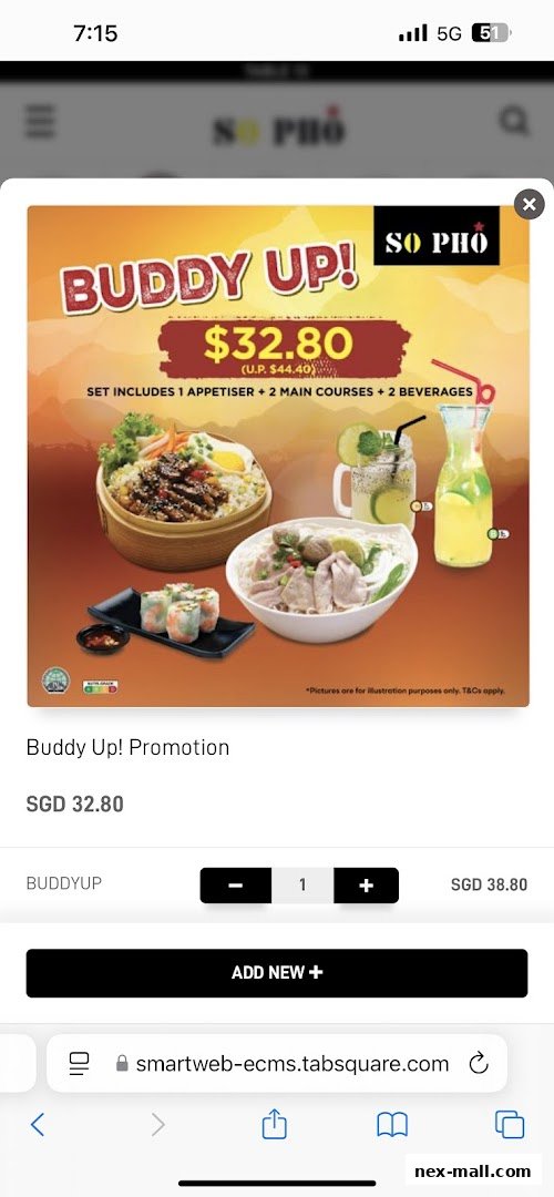 A promotional image for So Pho's 'Buddy Up!' set, featuring Vietnamese dishes and drinks.