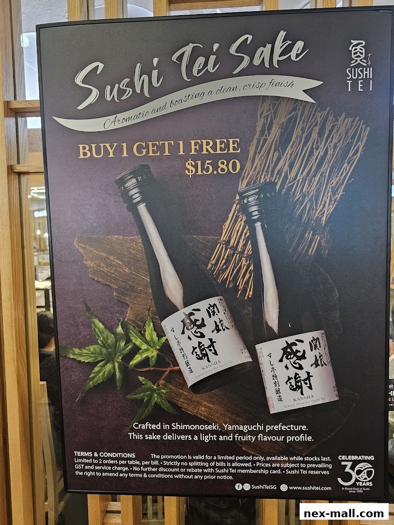 A promotional poster for Sushi Tei Sake, featuring a buy one get one free offer.
