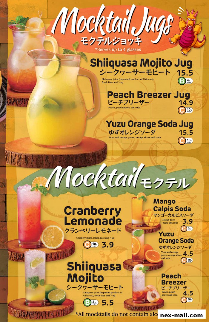 A menu showcasing various colorful mocktail drinks in jugs and glasses.