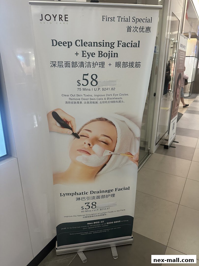 A promotional banner for Joyre Skin Care offering facial treatments and specials.