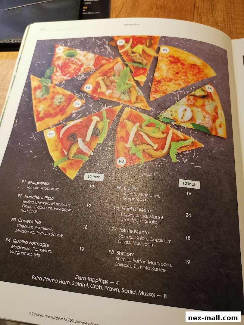 A menu page showcasing various pizzas with their ingredients and prices.