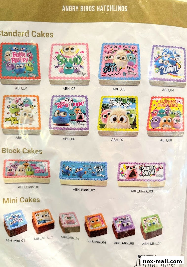 A catalog of Angry Birds Hatchlings themed cakes in various sizes and designs.