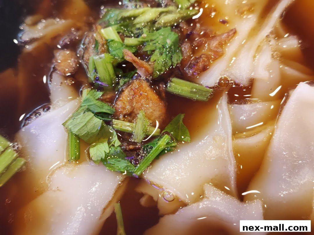 A close-up shot of a delicious bowl of noodle soup with fresh herbs and savory broth.