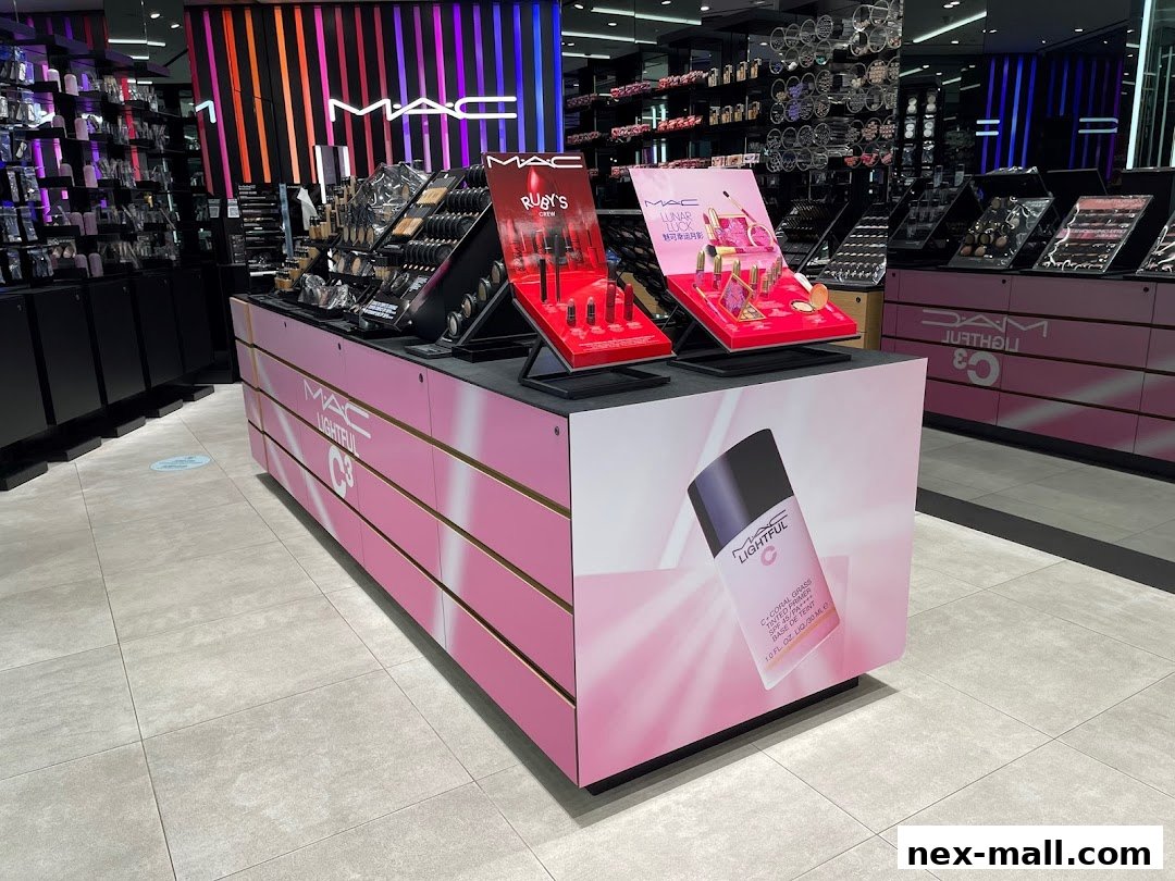 Interior view of a MAC Cosmetics store showcasing makeup displays and products.