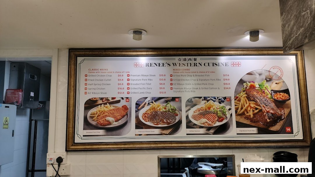 A menu board for Renee's Western Cuisine featuring classic mains and mixed combos with enticing food images.