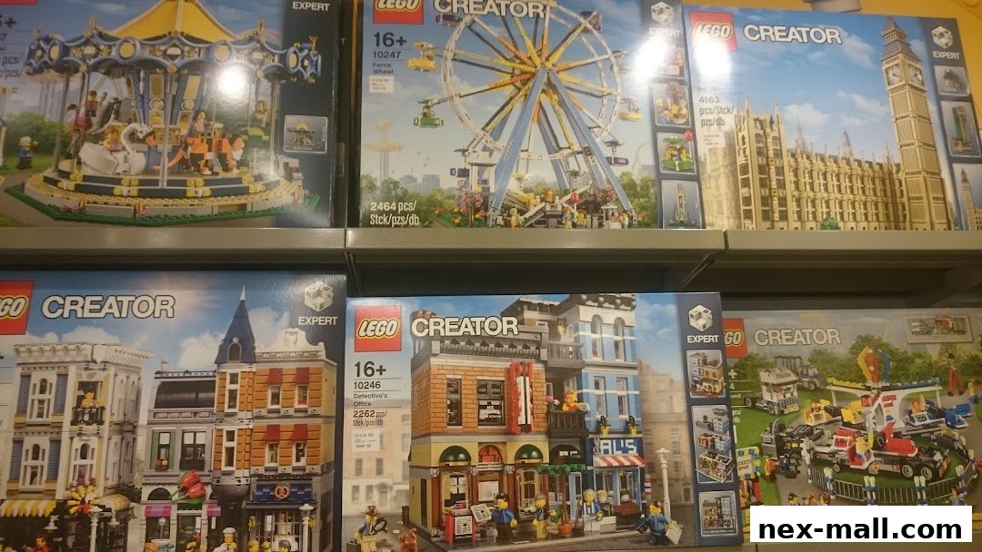 Shelves filled with various LEGO Creator Expert building sets, including a carousel, Ferris wheel, and famous landmarks.
