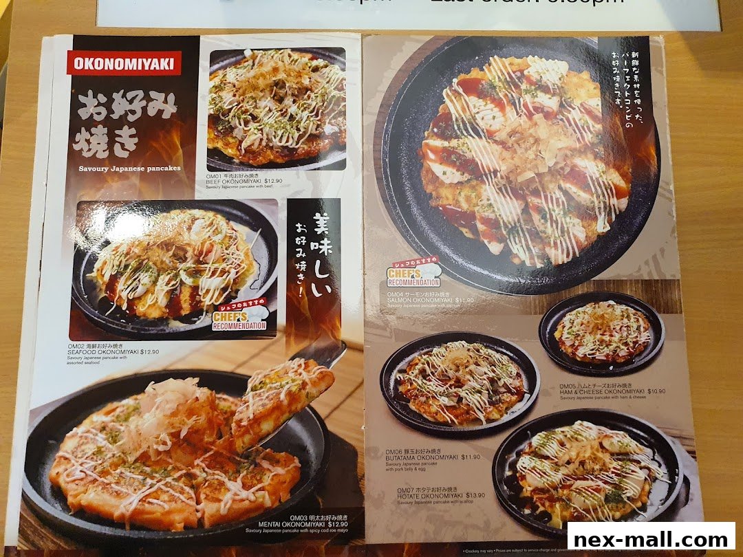 A menu featuring various savory Japanese pancakes (Okonomiyaki) with different toppings and prices.
