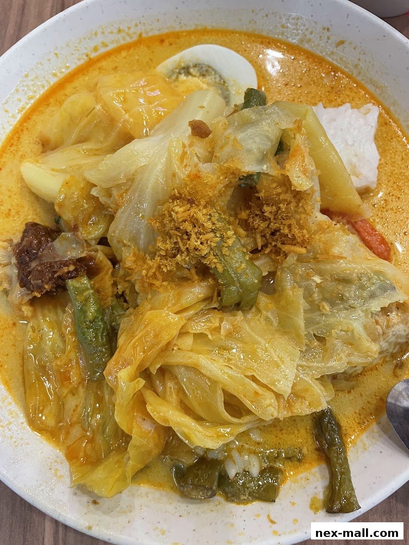 A close-up shot of a delicious bowl of Lontong, a popular Southeast Asian dish.