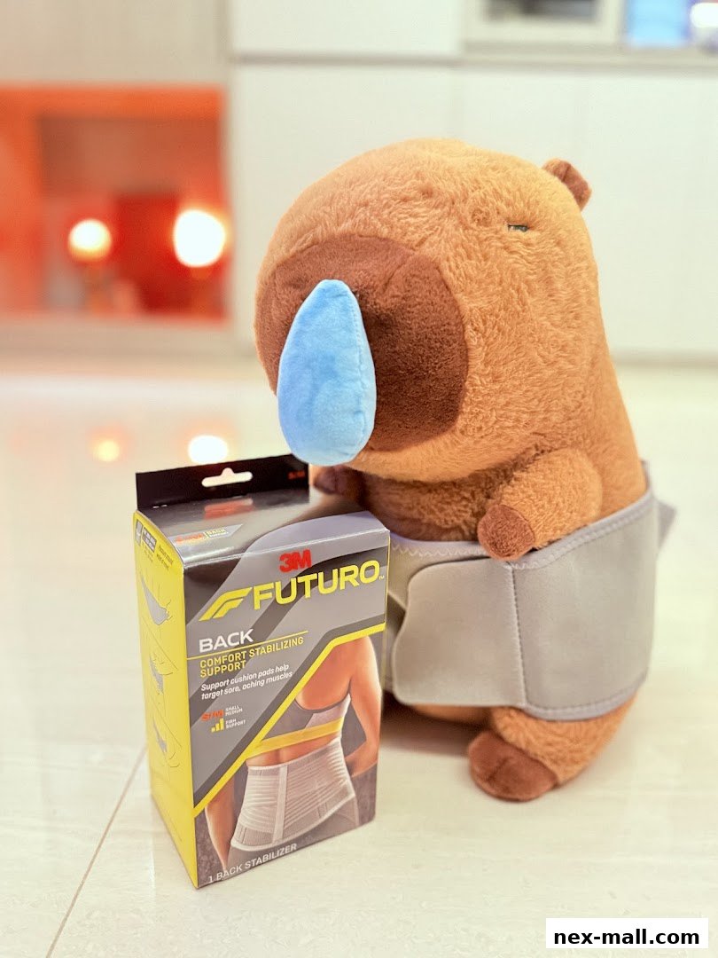 A plush toy wearing a back support brace next to its product packaging.