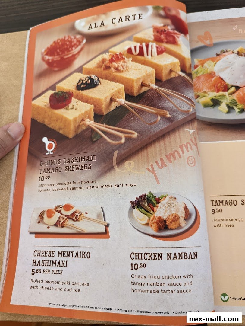 A menu page showcasing various Japanese egg dishes, including tamago skewers and hashimaki.