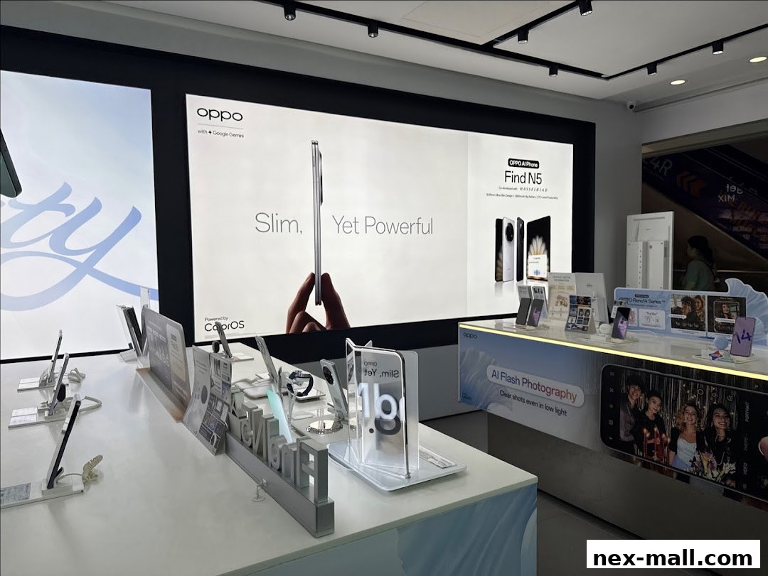 Interior of an OPPO concept store showcasing smartphones and promotional displays.
