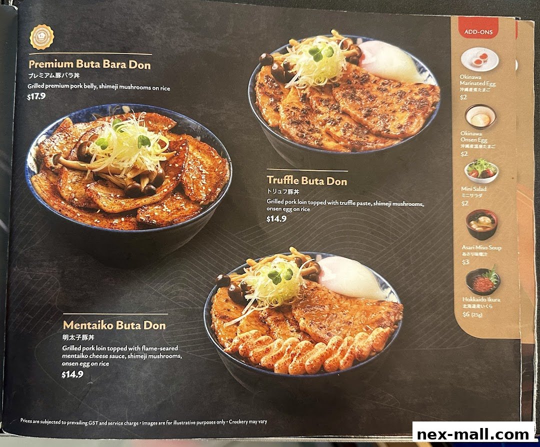 A menu page showcasing three donburi dishes and various add-on items with prices.