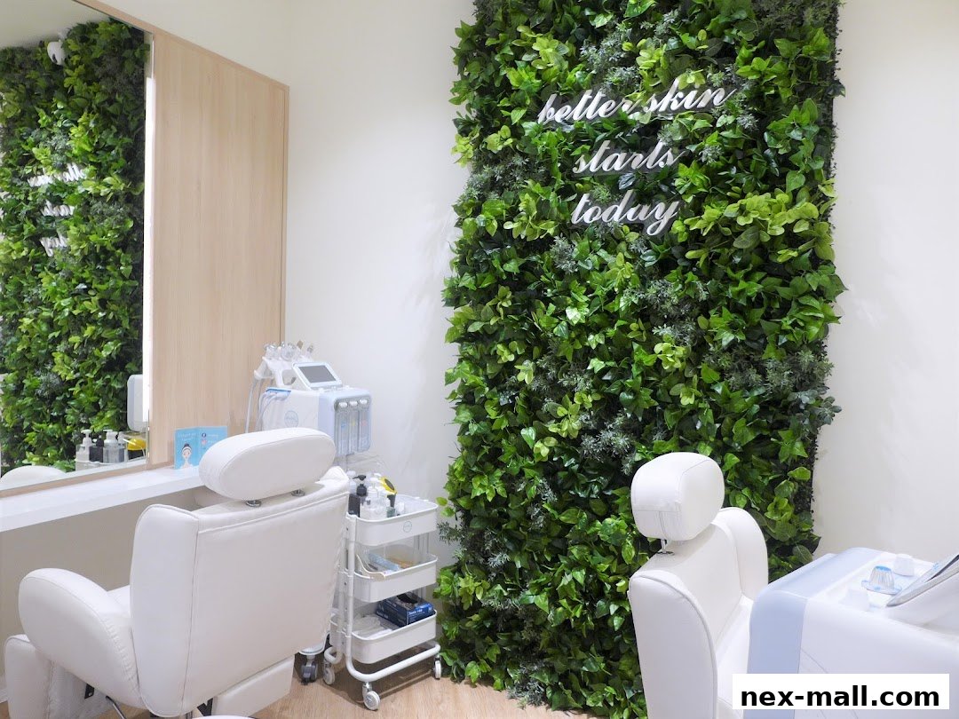 A clean, modern beauty treatment room with a lush green wall and comfortable chairs.
