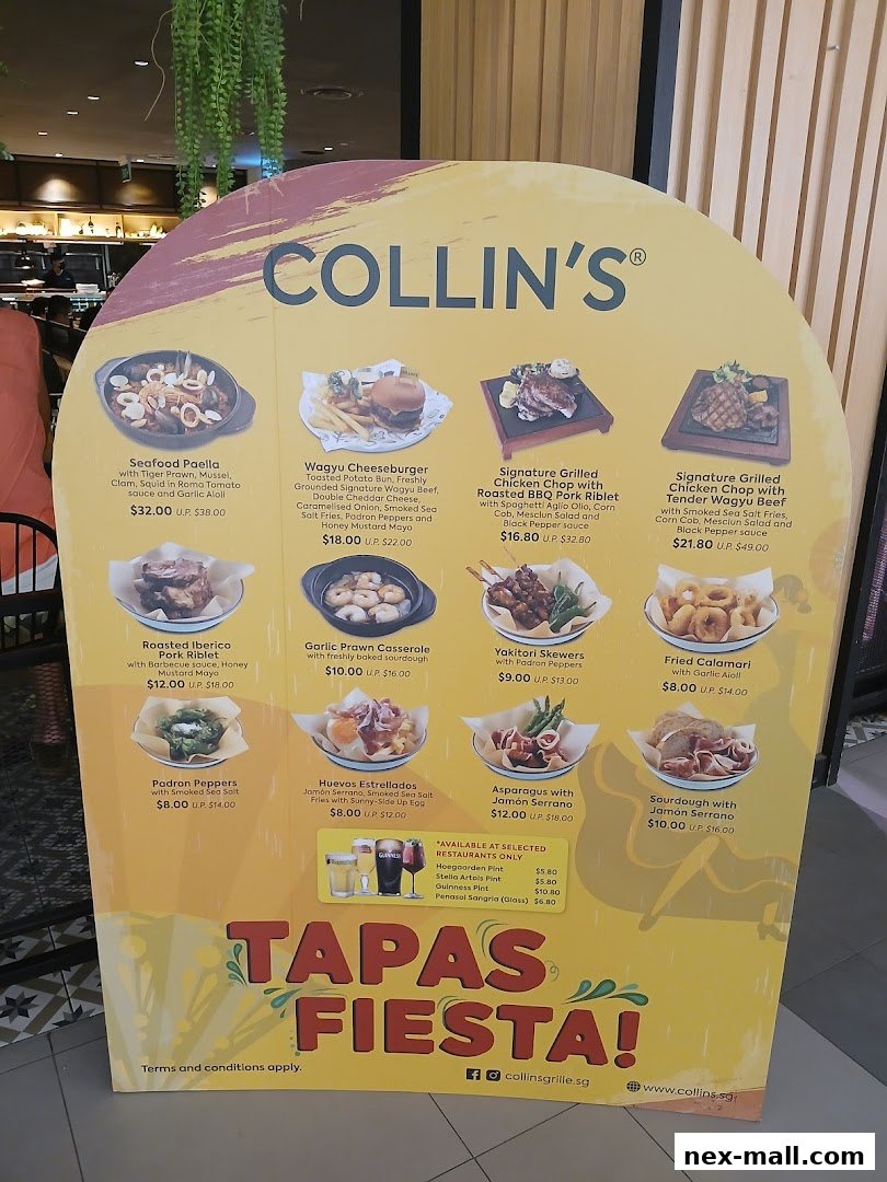 A promotional sign for COLLIN'S featuring various dishes and drinks with prices.