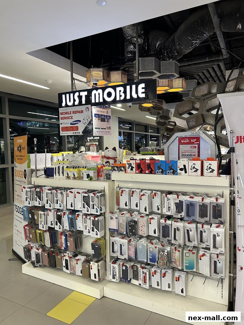 A mobile phone accessories and repair shop with a wide display of phone cases.