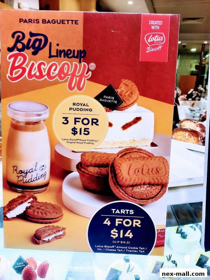 A promotional poster for Paris Baguette featuring Biscoff-flavored desserts and special offers.