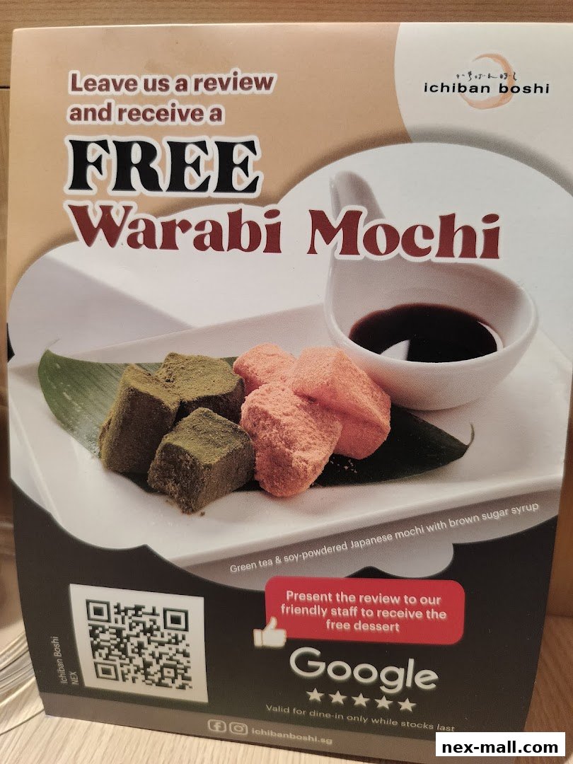 A promotional flyer for Ichiban Boshi offering free Warabi Mochi for leaving a review.