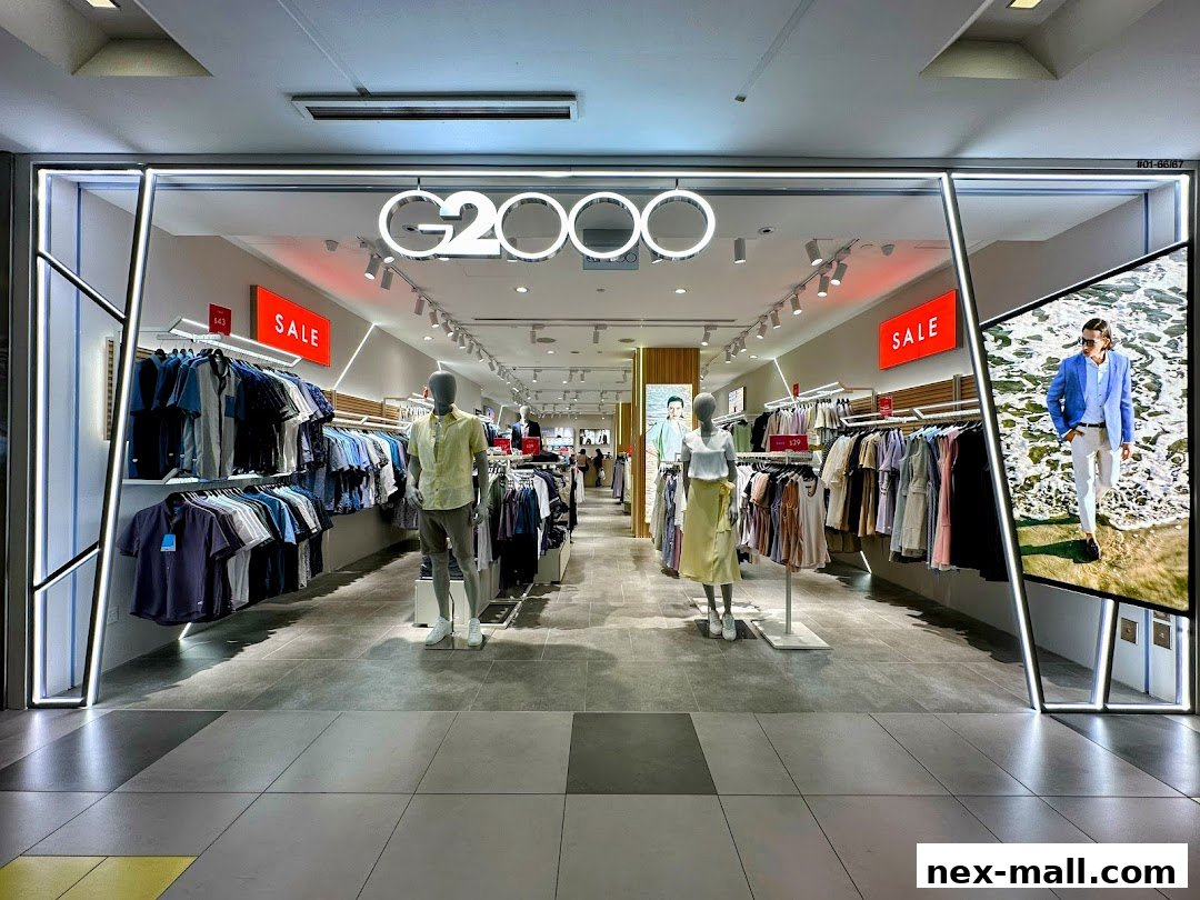 The G2000 store features a modern facade with mannequins displaying stylish apparel and sale signs.