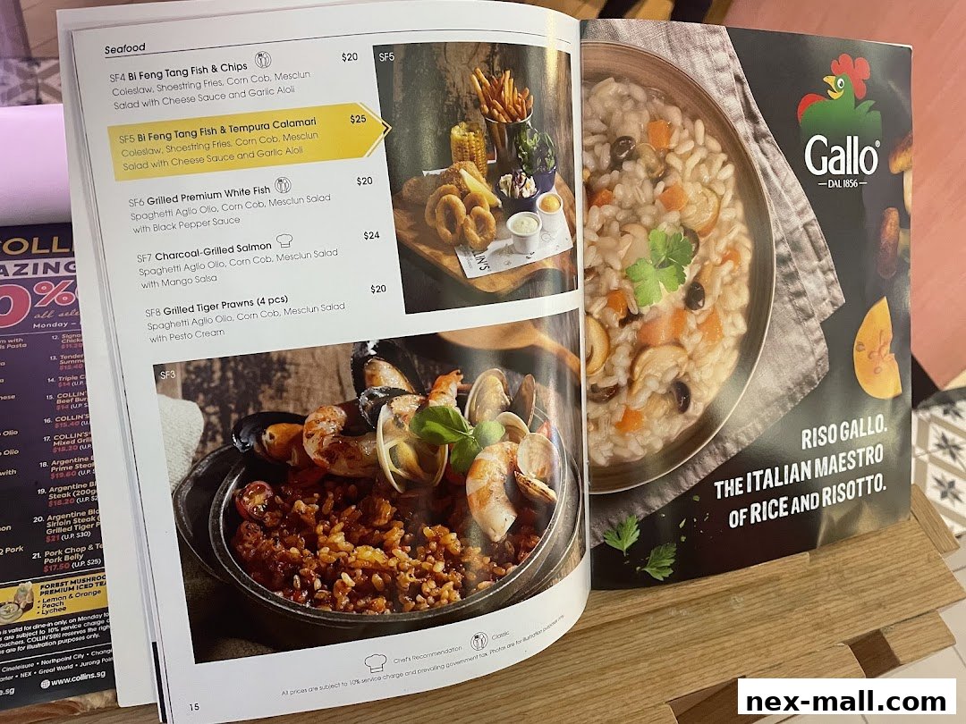 A menu featuring seafood dishes and a Riso Gallo risotto advertisement.
