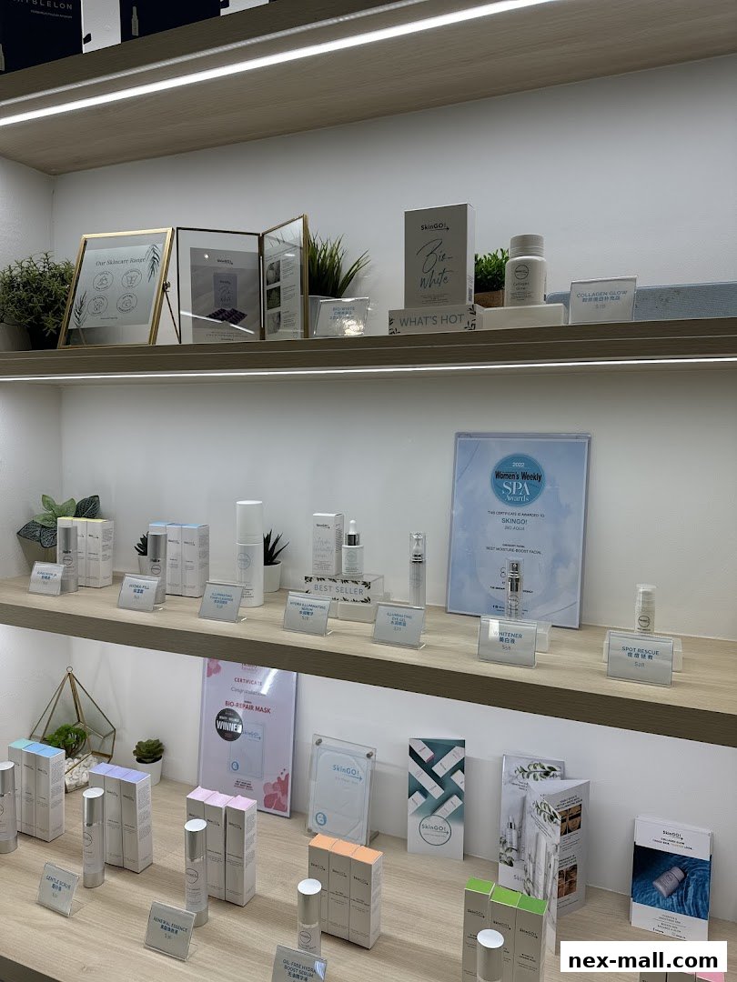 Shelves displaying various skincare products from SkinGO! with product information cards.
