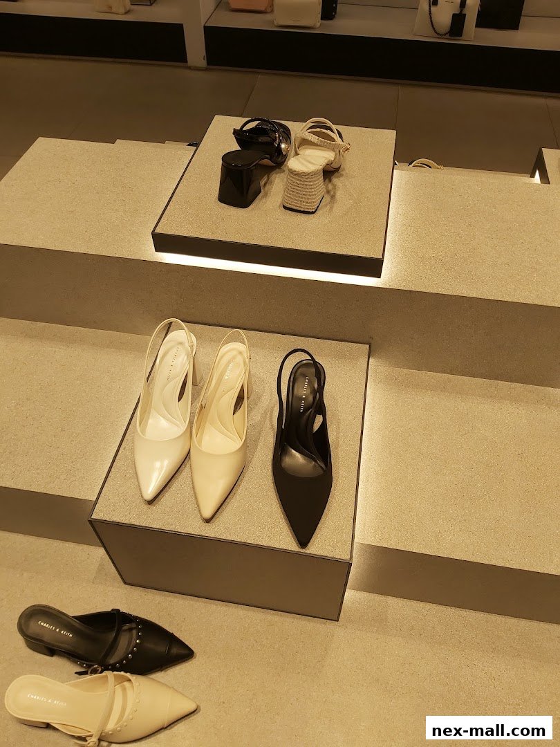 A display of stylish women's shoes, including heels and flats, from Charles & Keith.