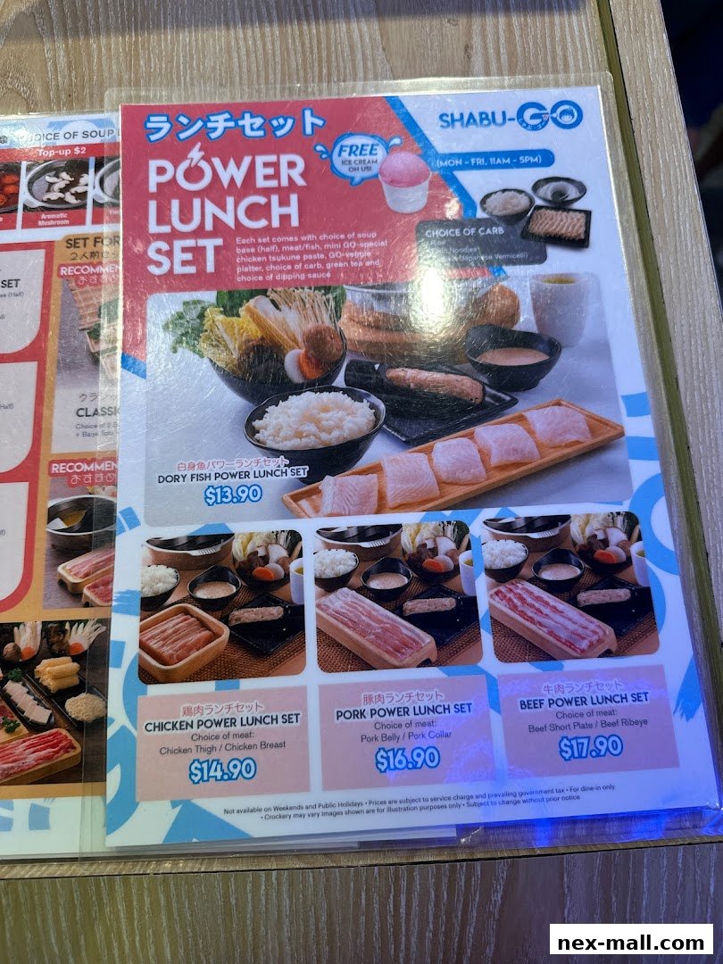 A menu featuring Japanese Shabu-Go Power Lunch Sets with various meat options and prices.
