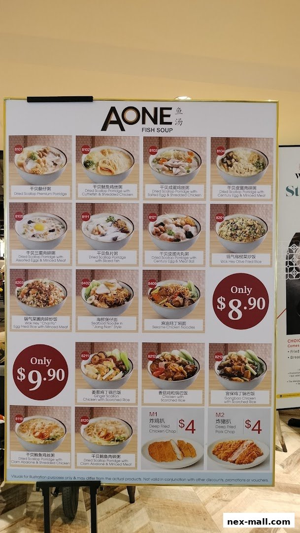 A menu board displaying various fish soup dishes and other food items with prices.