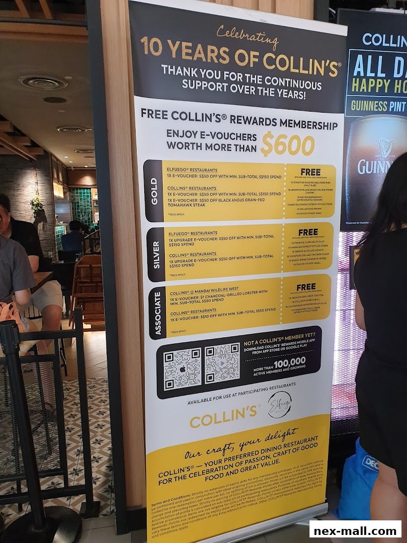 A promotional banner for Collin's 10th anniversary, offering rewards membership and e-vouchers.