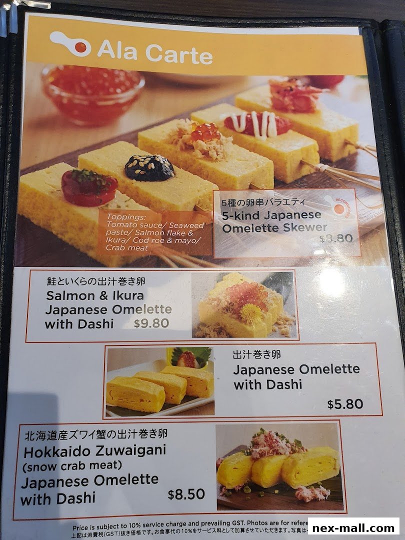 A menu page showcasing various Japanese omelette dishes with different toppings and ingredients.