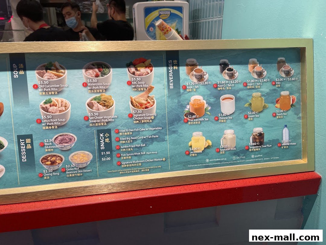 A menu board displaying various soups, snacks, desserts, and beverages with prices and images.