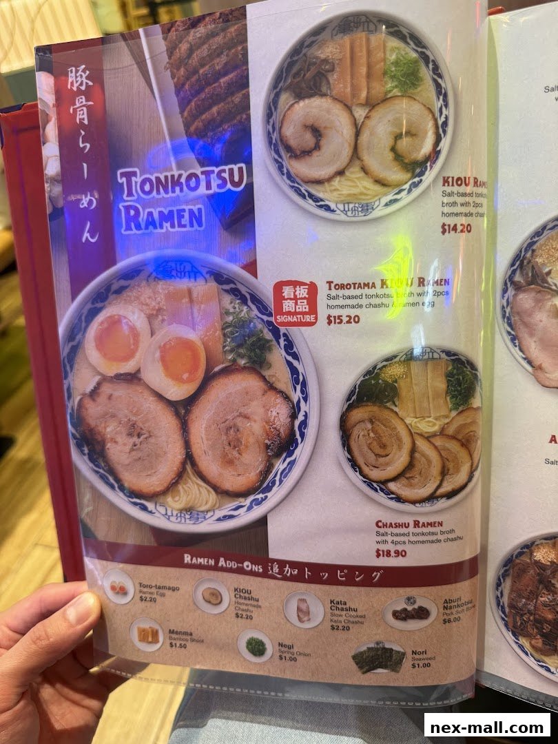 A menu showcasing various Tonkotsu Ramen dishes and add-ons from Ramen Kiou.