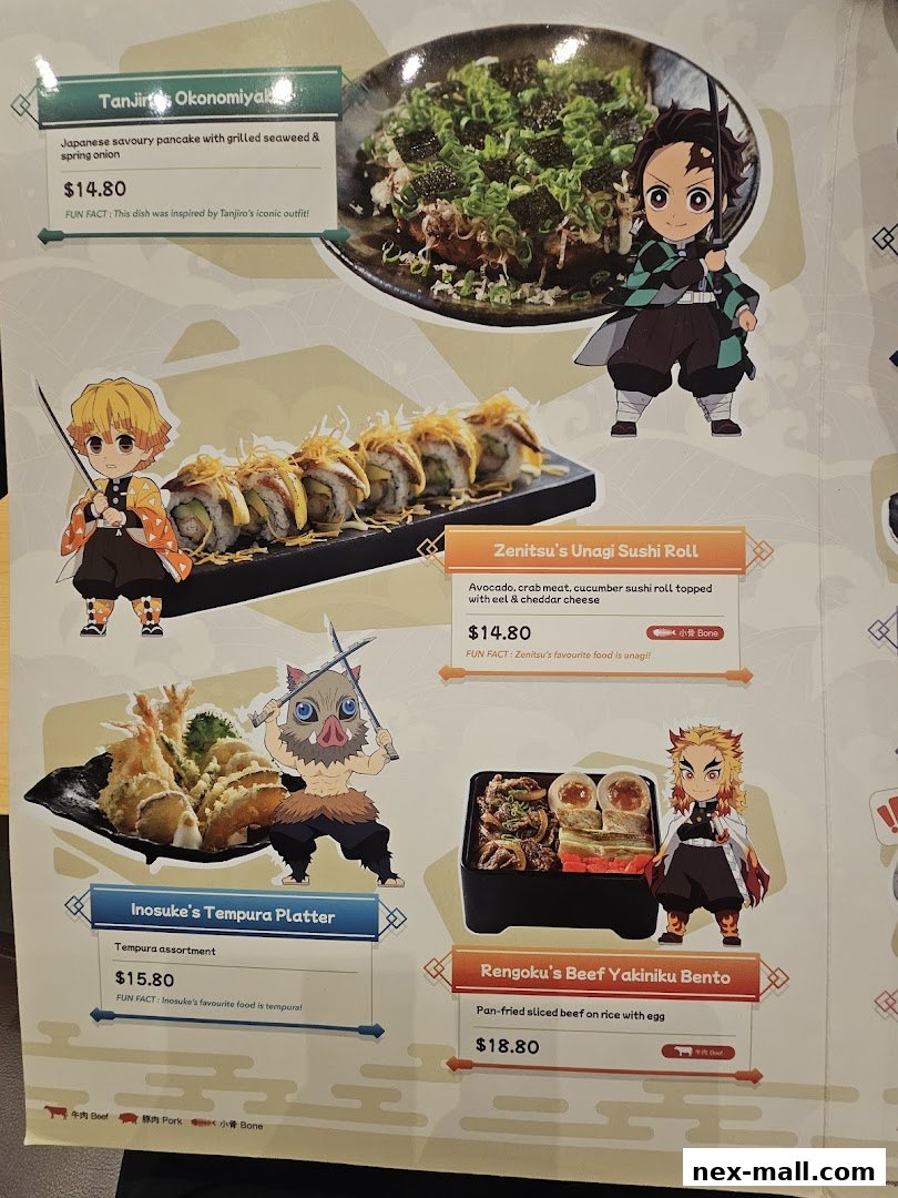 A menu featuring Japanese dishes inspired by anime characters, with food items and character illustrations.