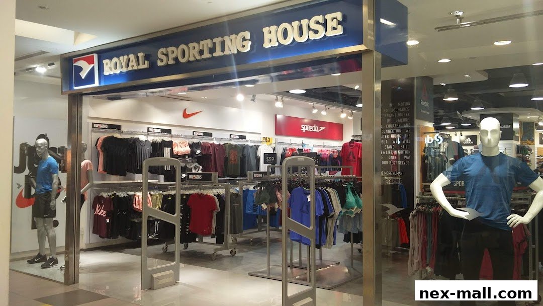 The exterior of Royal Sporting House, showcasing athletic apparel and mannequins.