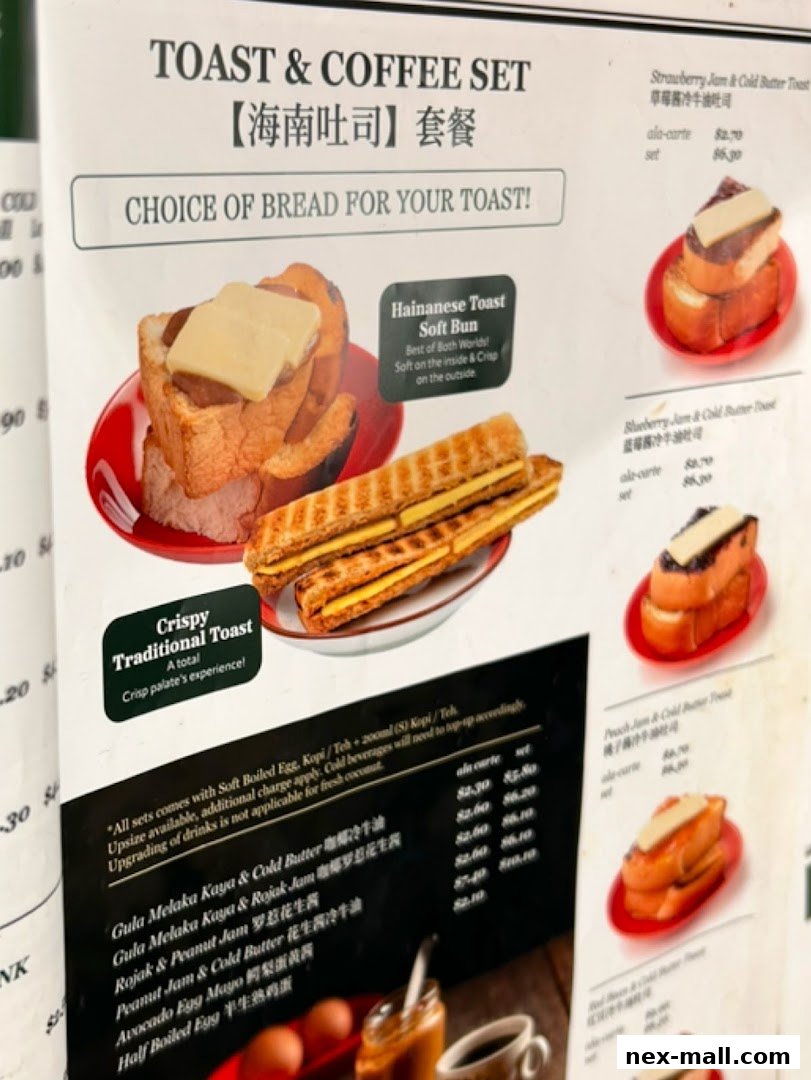 A menu showcasing various toast and coffee sets with different bread and topping options.