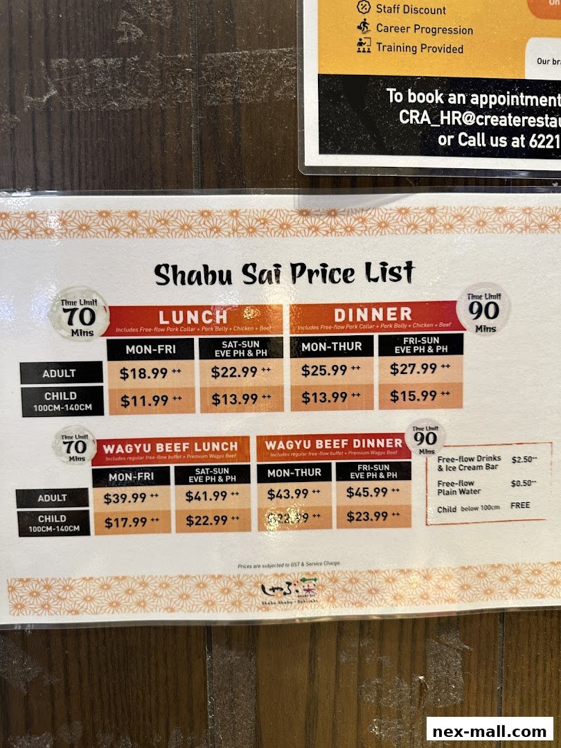 A price list for Shabu Sai, detailing lunch and dinner options with different meat choices and pricing.