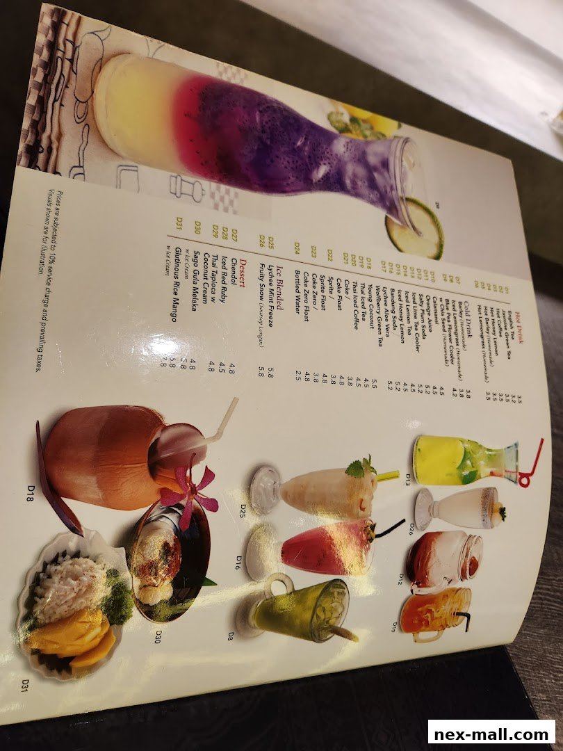 A menu from Bali Thai NEX featuring colorful drinks and desserts with accompanying images.