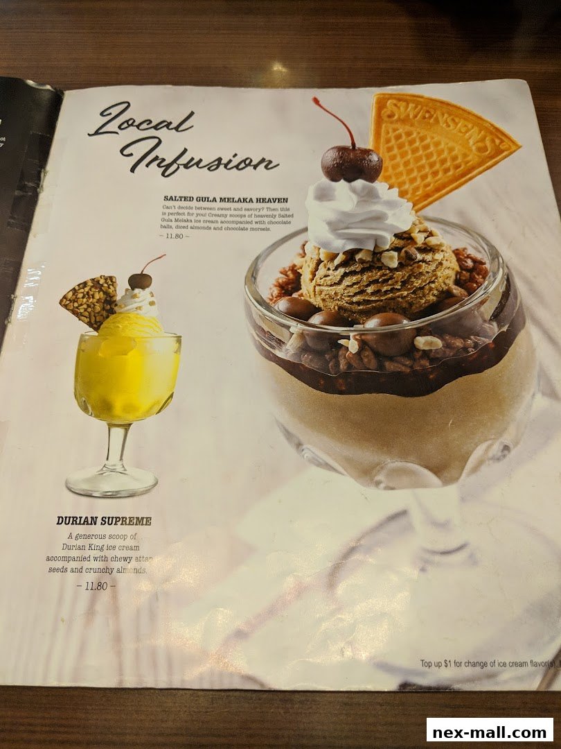 A menu page from Swensen's featuring two ice cream desserts: Salted Gula Melaka Heaven and Durian Supreme.